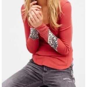 Free People Knit Top Scoop Neck Long Sleeve With Bandana Detail Raw Edges Round